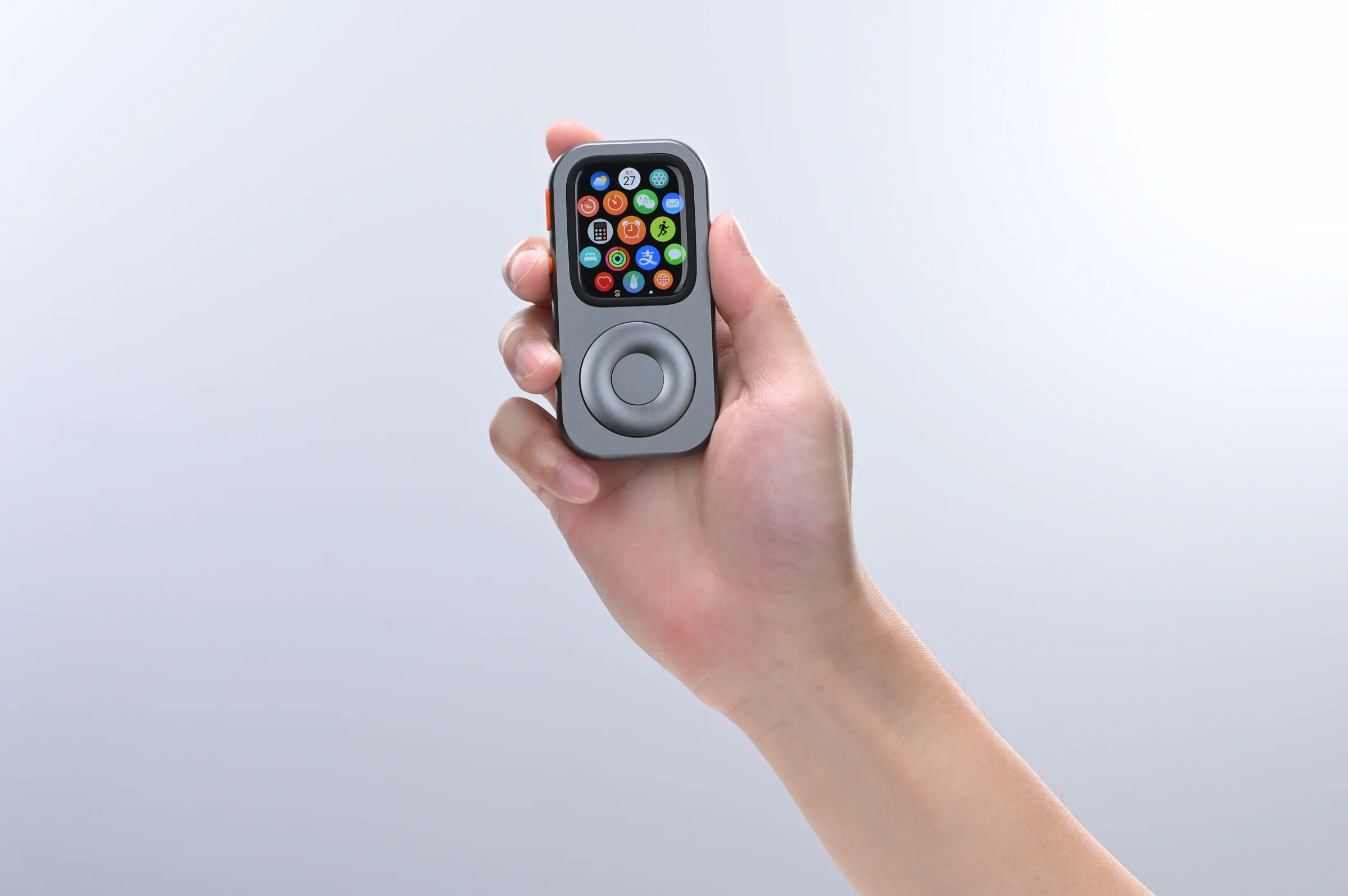 RePod held upright with the Apple Watch app grid visible and the housing clearly surrounding the device