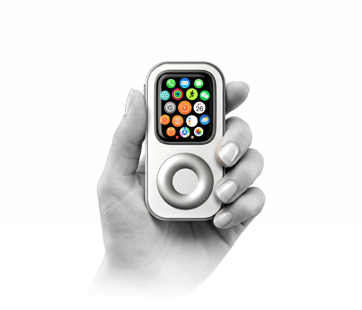 A hand holding a silver RePod with the Apple Watch app grid visible