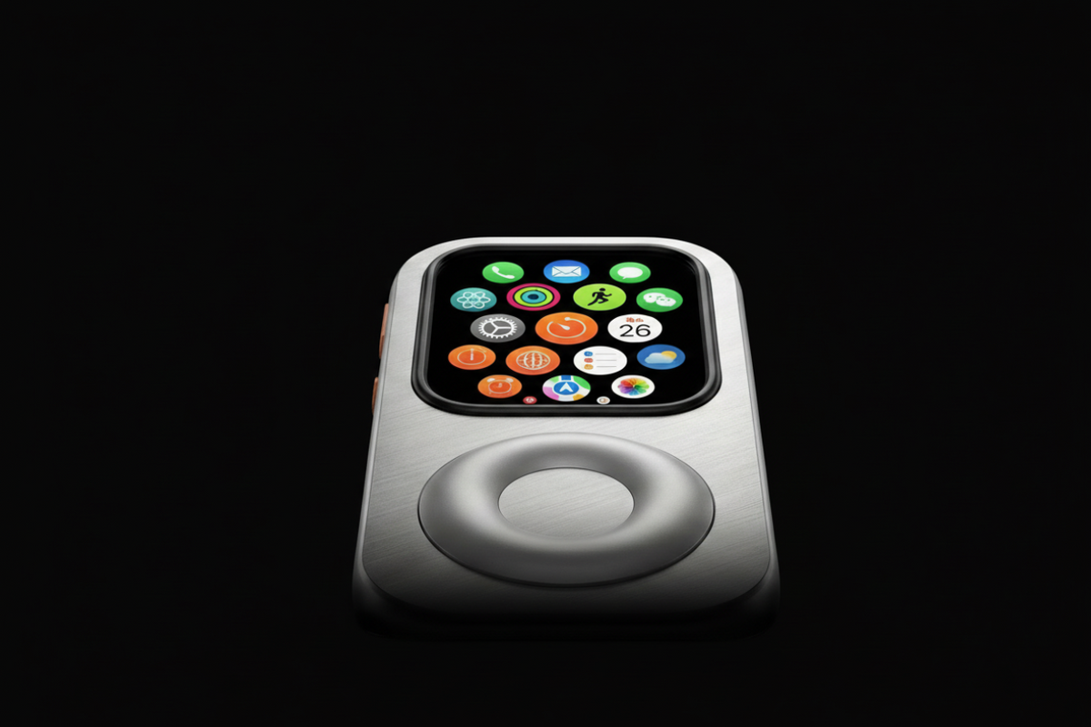 Front view of a silver RePod with the Apple Watch app grid visible