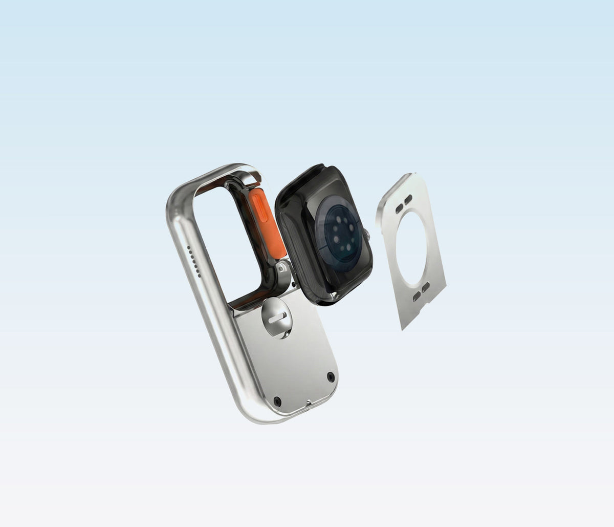Exploded view of RePod parts around an Apple Watch