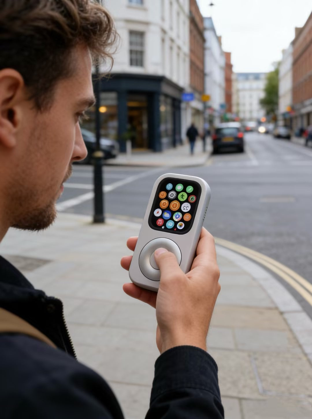 A person holding a silver RePod with Apple Watch on a city street