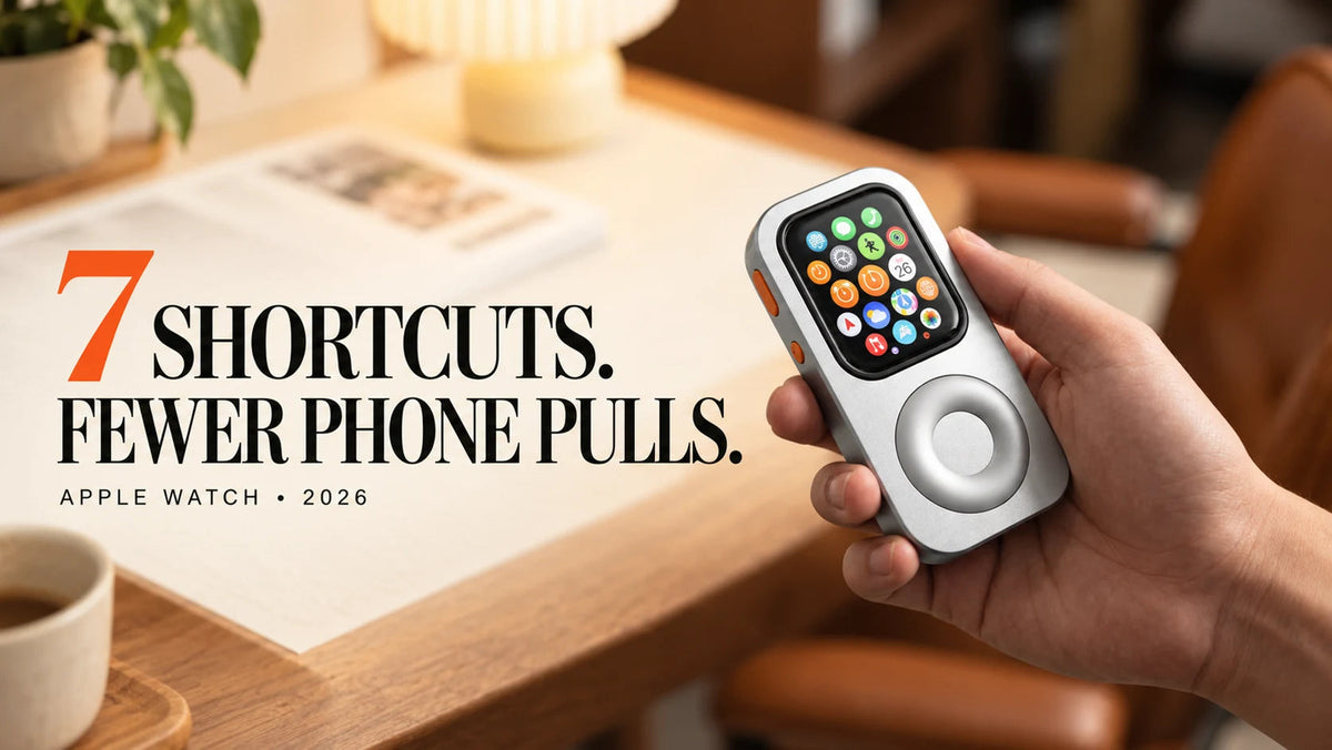 Editorial poster reading 7 Shortcuts. Fewer Phone Pulls. beside a hand holding a front-facing silver RePod with an Apple Watch app grid