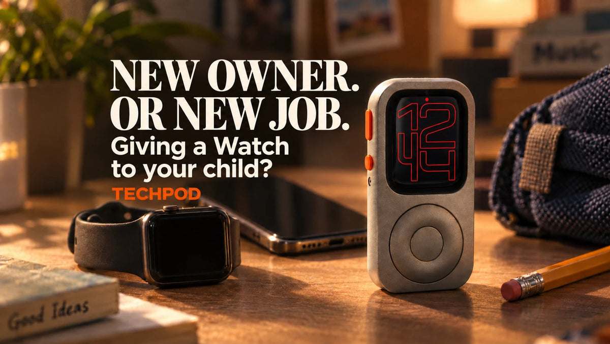 Editorial poster about checking an old Apple Watch before giving it to a child