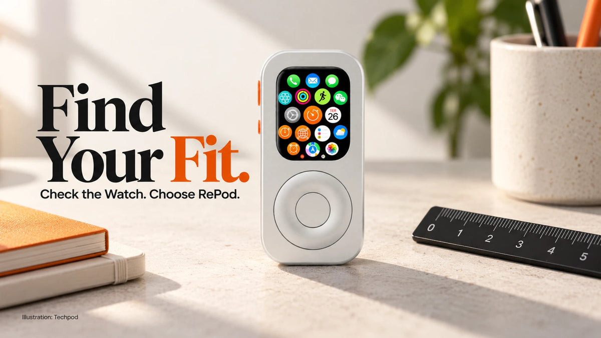 Editorial poster of a front-facing Techpod RePod with the message Your Watch. Your fit.