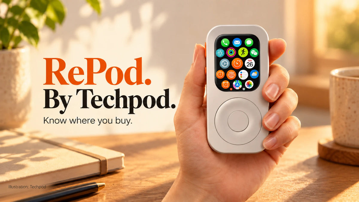 Editorial poster showing a front-facing Techpod RePod with the message RePod by Techpod