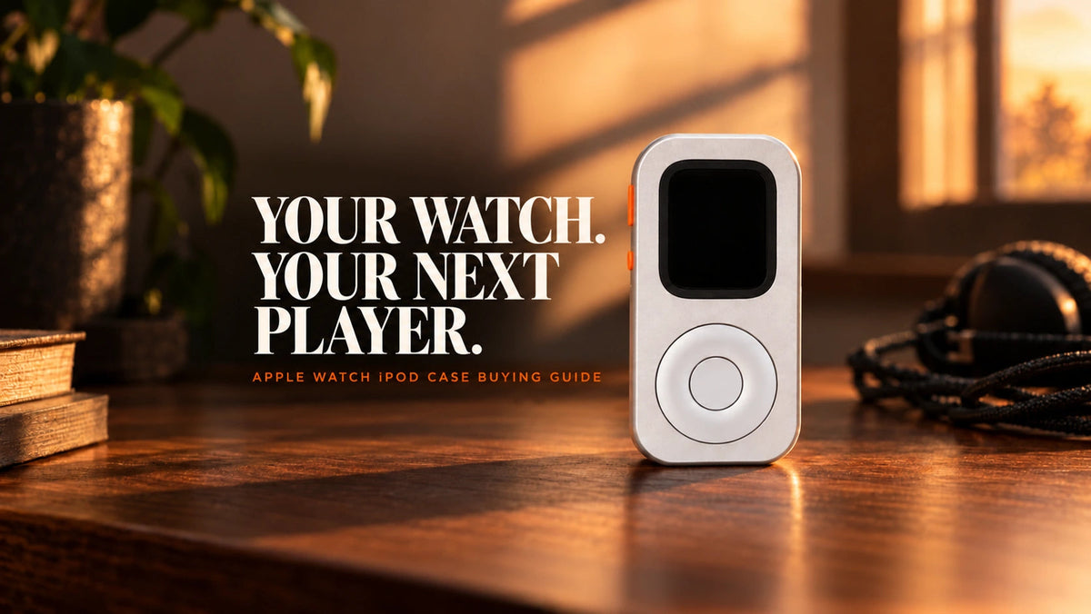Front-facing silver Techpod RePod on a warm wooden desk beside headphones, with the words Your Watch. Your Next Player.