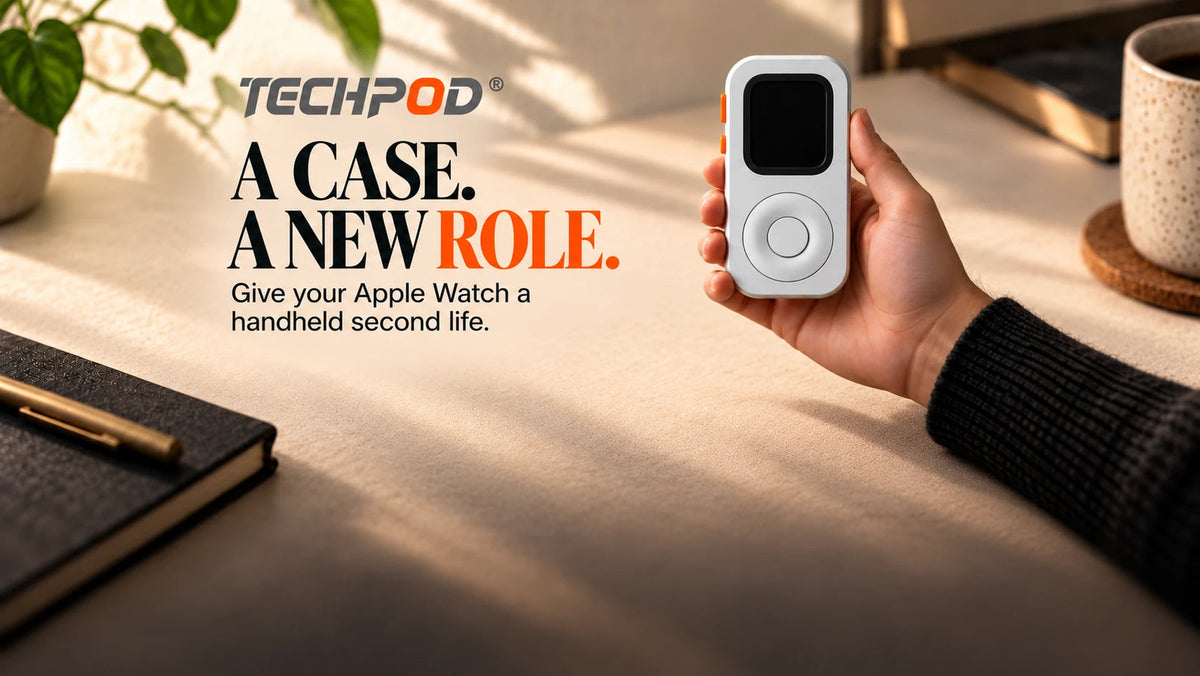 A hand holding a silver Techpod RePod with a neutral black screen in the upper half of a sunlit desk poster, beside A CASE. A NEW ROLE., with clear desk texture below.