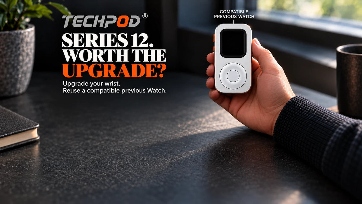 Series 12 upgrade guide poster with Techpod RePod clearly labeled as a compatible previous Watch in the upper half, with empty charcoal desk texture below.