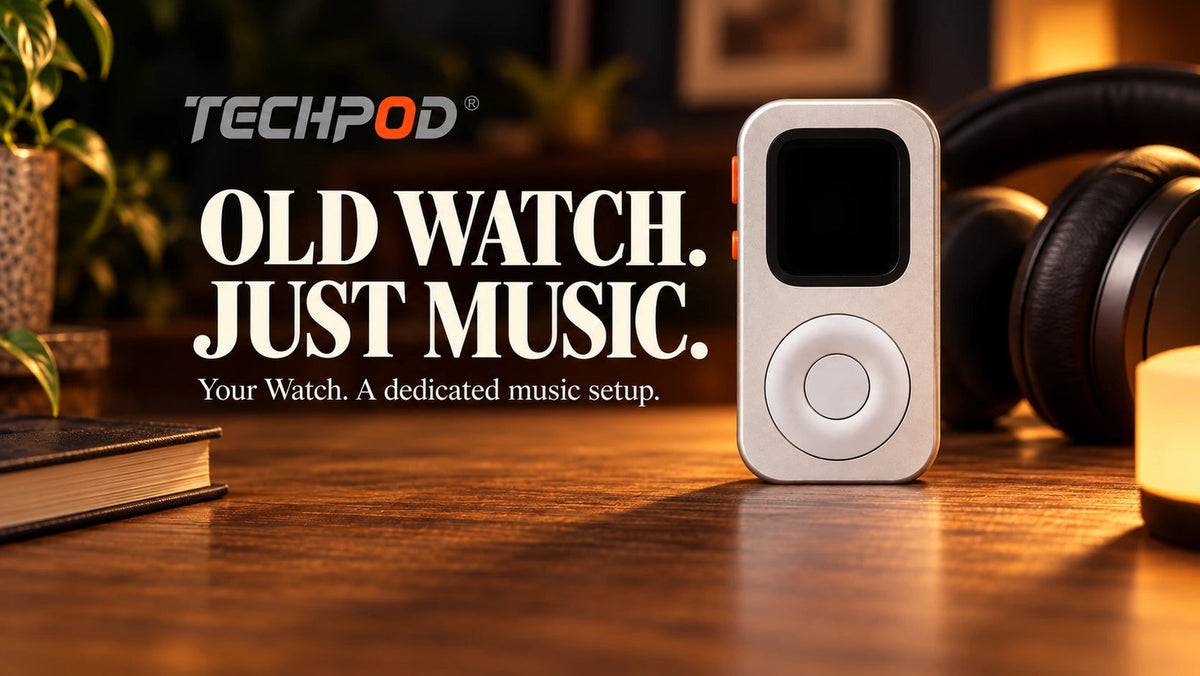 Techpod RePod beside headphones on a warm wooden desk, with the headline Old Watch. Just Music.
