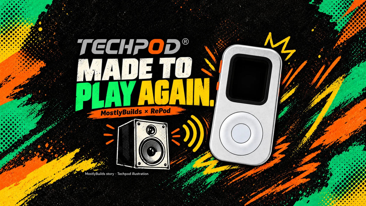 Silver RePod and an illustrated speaker with the words Made to Play Again, inspired by MostlyBuilds’ old-Watch music setup