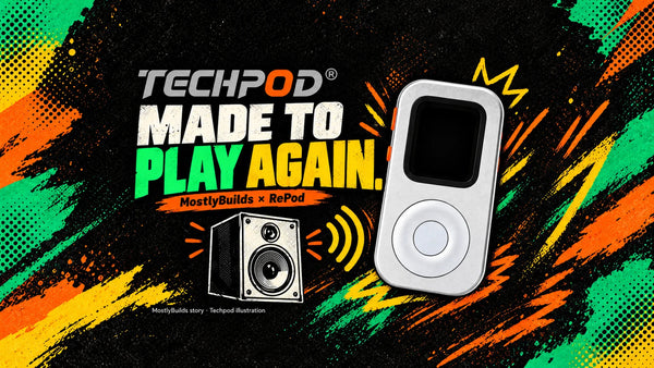 Silver RePod and an illustrated speaker with the words Made to Play Again, inspired by MostlyBuilds’ old-Watch music setup