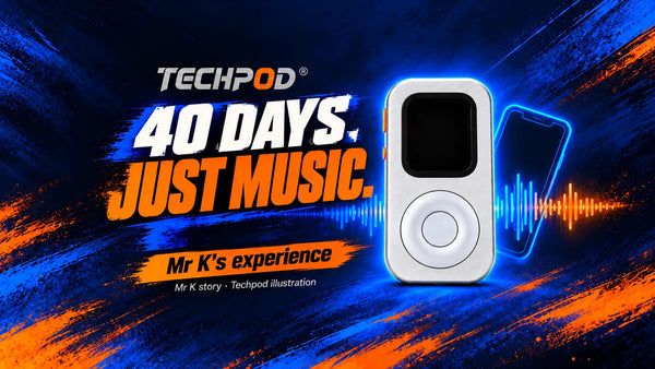 Silver RePod with a music waveform and phone outline, labeled 40 Days. Just Music. and Mr K’s experience