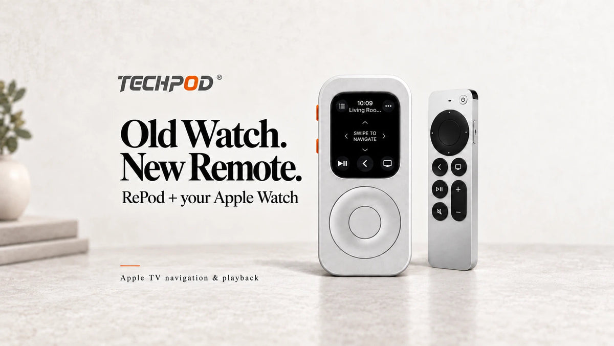 Old Watch. New Remote. A professional poster showing a RePod with the Apple Watch Remote screen beside an Apple Siri Remote