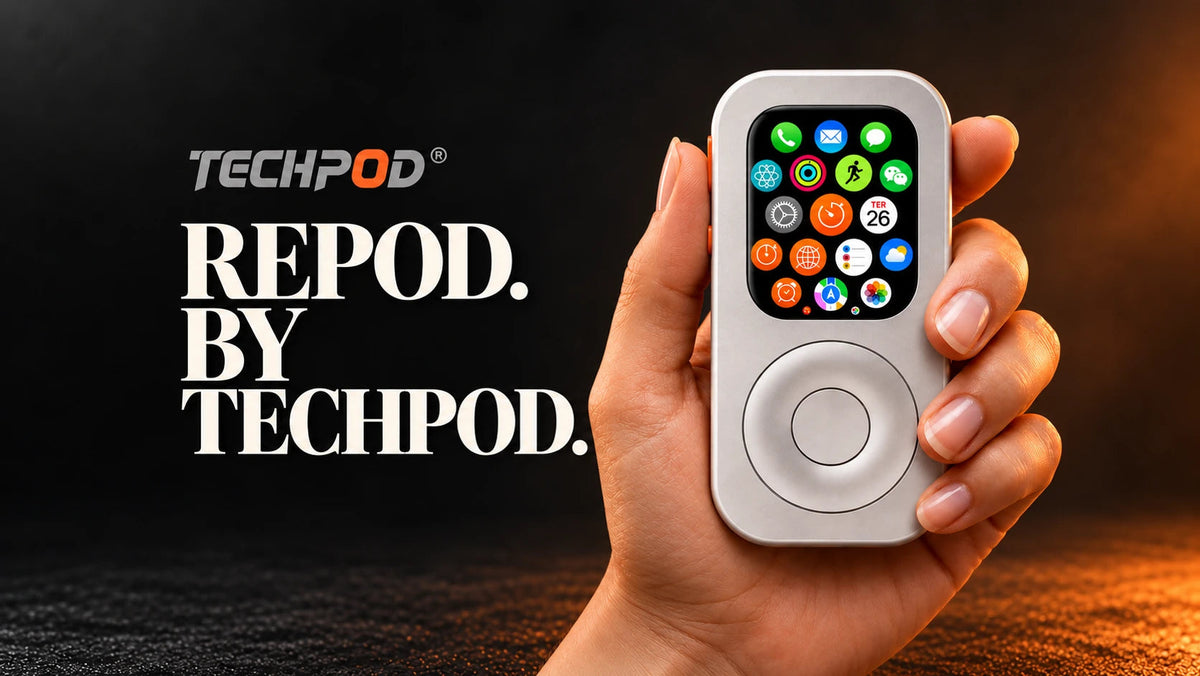 Techpod RePod editorial poster identifying the brand behind the handheld Apple Watch case