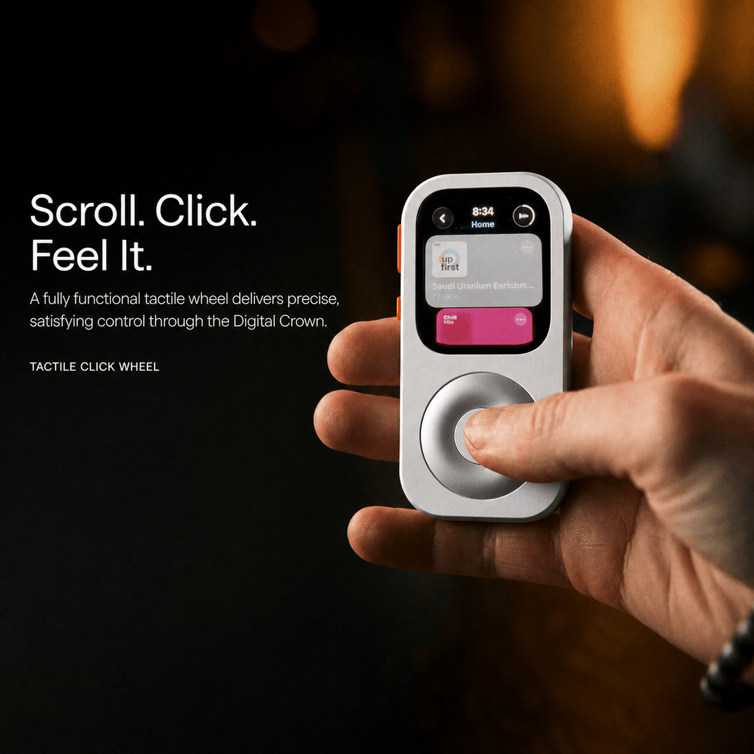 A thumb resting on the RePod tactile scroll wheel