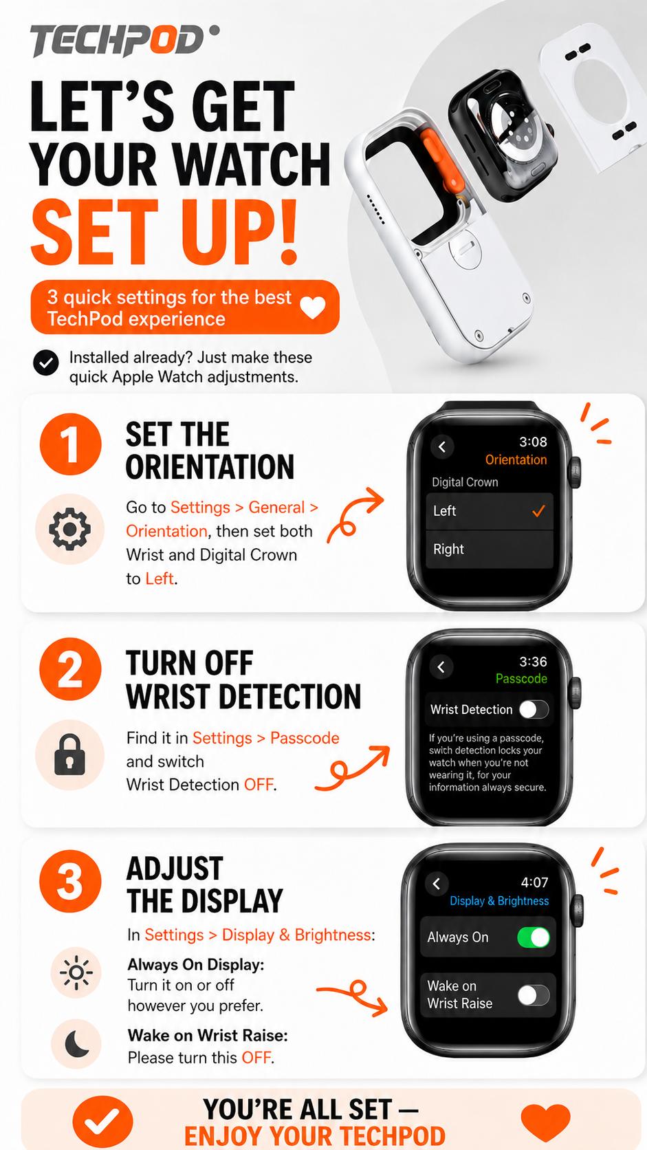 Techpod Apple Watch setup guide with three illustrated settings screens