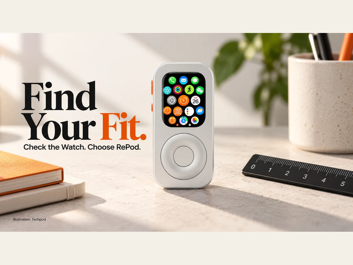 Editorial poster of a front-facing Techpod RePod with the message Your Watch. Your fit.