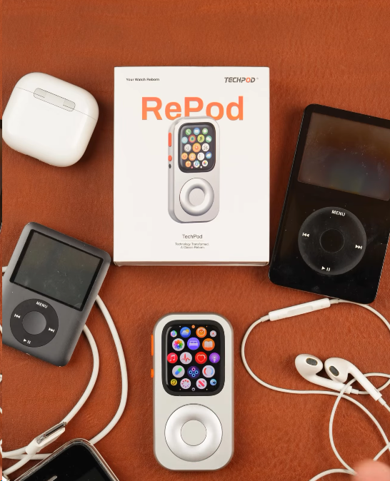 Packaging example with the Techpod logo at the upper right, RePod printed across the box, and a silver RePod beside older music players