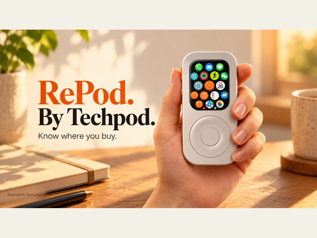 Editorial poster showing a front-facing Techpod RePod with the message RePod by Techpod