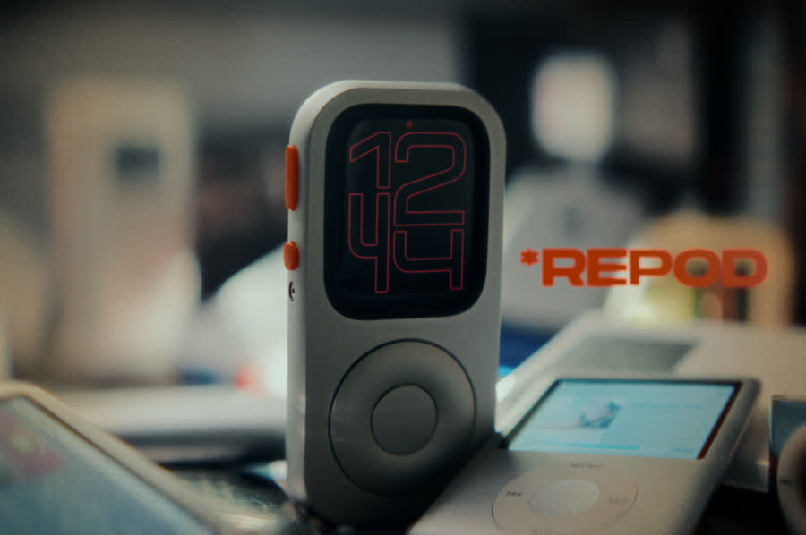 Front view of a silver RePod C1 with its wheel and Apple Watch screen visible among music players